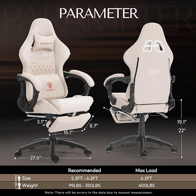 Dowinx Gaming Chair Big and Tall with Dual Extended Footrest &amp Massage Ergonomic Reclining Computer Chair for Adults Racing-Style Gamer Chair 400lbs Capacity Heavy Duty Office PC Chair (White)