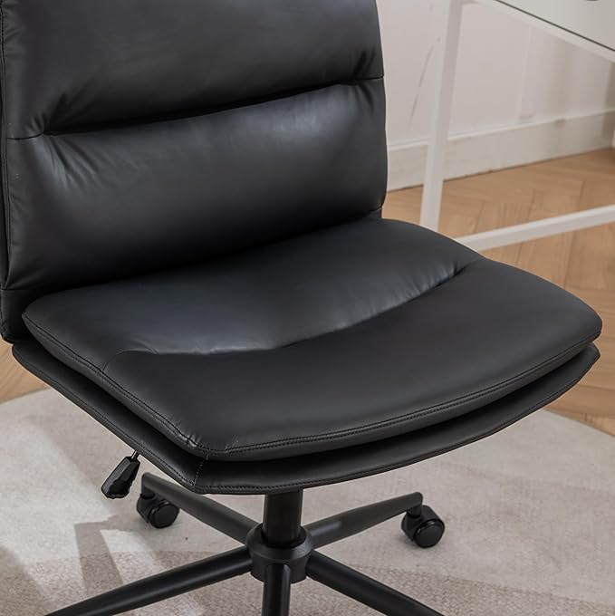 Adjustable Swivel Criss Cross Chair with Wheels Wide Seat Office Chair with PU Leather Computer Desk Chair with Ergonomic Support Modern Vanity Chair for Home &amp WorkspaceBlack