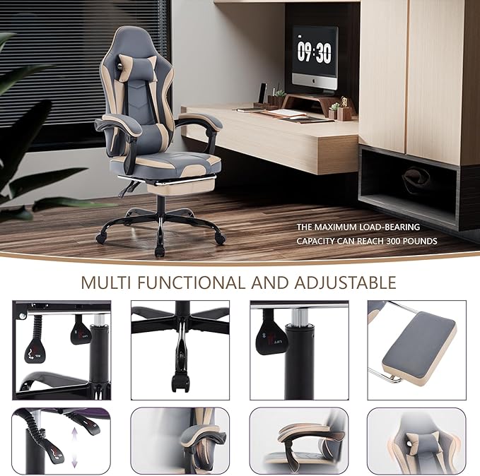 Gamer Chair Ergonomic Computer Chair Gaming Linked Armrests 300lb Capacity Heavy Duty Wide Seat Adjustable Recliner for Professional Players and Adults (Beige+Blue)