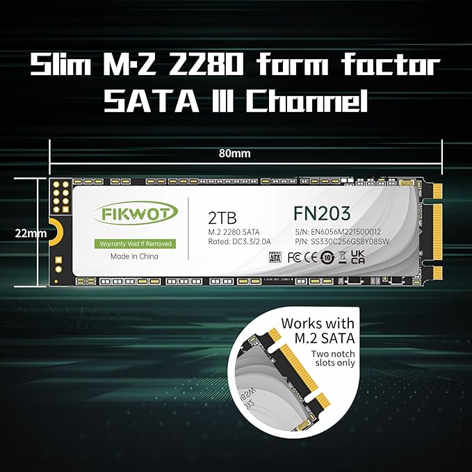 FN203 M.2 SATA SSD - SLC Cache 3D NAND TLC SATA III 6Gb/s M.2 2280 NGFF Internal Solid State Drive Up to 550MB/s Compatible with Ultrabooks Tablet Computers and Mini PCs (2TB)