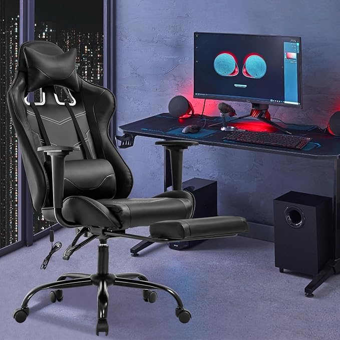 Massage Gaming Chair Gaming Chairs with Footrest Ergonomic PC Racing Office Chair with Lumbar Support Headrest Armrest Game Chair- Black Heavy Duty PU Leather Recliner for Adults Gamer (Black)