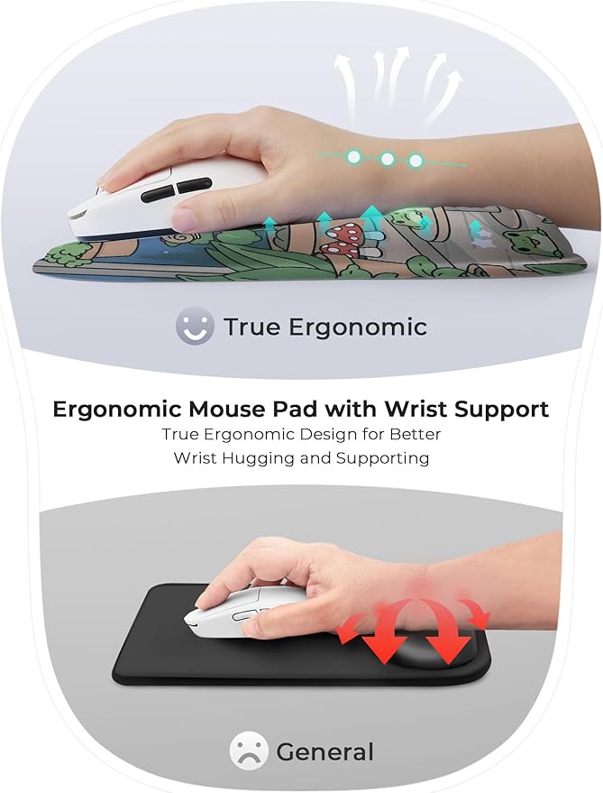 Kawaii Frog Ergonomic Mouse Pad for Carpal Tunnel Pain Relief 65% Usable Mouse Area in Compact Size Memory Foam Concave Wrist Rest for Office PC Gaming