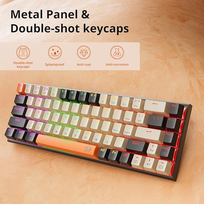 Redragon 60% Mechanical Gaming Keyboard 68 Keys Wired Office RGB Keyboard with Arrow Keys Programmable Macro Red Switches for Windows Mac PC Laptop Black/Beige/Orange