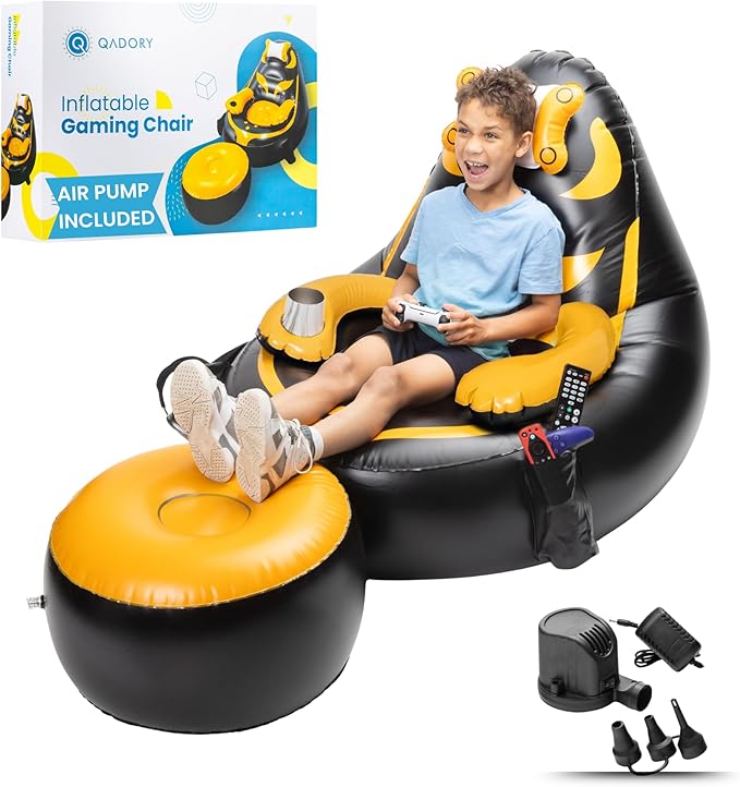 Inflatable Gaming Chair for Kids – Supports Up to 300 lbs Includes Air Pump Cup Holder 2 Pockets – Durable Bean Bag Seat Comfy Kids Gaming Chair &amp Top Gamer Chairs for Kid Room