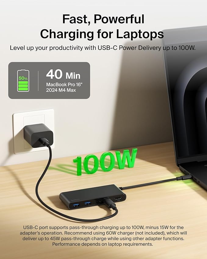 Belkin USB C Hub 7-Port Hub w/ 4K HDMI Display @ 60Hz SD &amp MicroSD 100W Power Delivery Fast Data Transfer 5Gbps USB C Multiport Adapter for MacBook iPad Pro Chromebook etc. - Upgraded HDMI