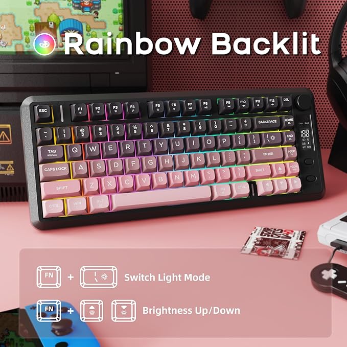M75 Wireless Gaming Keyboard Mechanical Feel Membrane with Knob &amp OLED Display Bluetooth/2.4Ghz Rainbow Backlit Gradient PBT Keycaps 2000mAH Battery Anti-Ghosting-Pink