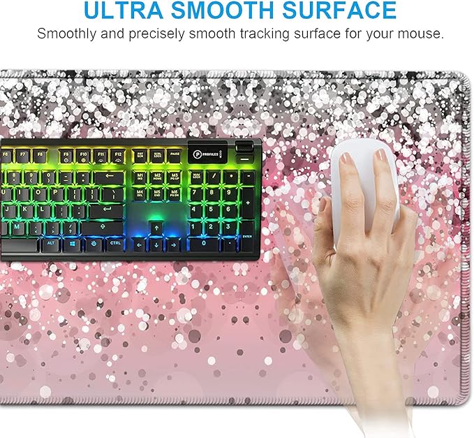 Pink Mouse PadKeyboard Mouse Pad SetExtended Gaming Mouse Pad + Memory Foam Keyboard Wrist Rest Support Pink Glitter Office Desk Mat Writing Pad Easy Typing Pain ReliefXXL Large Mousepad Desk Mat