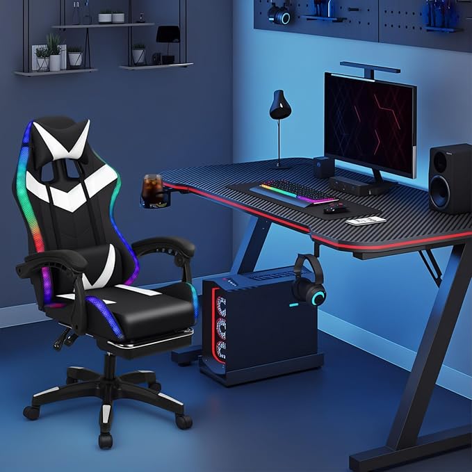 Talent Star RGB Gaming Chair with LED LightsAdjustable Ergonomic Massage Computer Gaming Chair with Speakers &amp Footrest High Back Video Game Chair with Lumbar Support for Adults White