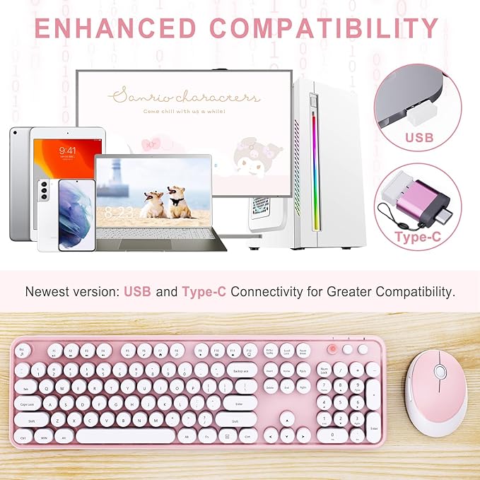 Wireless Keyboard and Mouse Combo Ergonomic Full Size Typewriter Retro Round Keycaps Keyboard Compatible with Windows PC Perfer for Home and Office Keyboards (Lovely Pink)