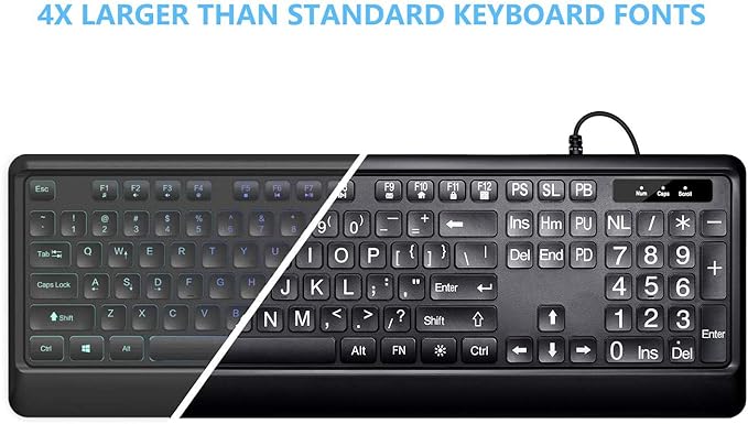 Large Print Backlit Keyboard USB Wired Computer Keyboard Full Size Keyboard with White Illuminated LED Compatible for Windows Desktop Laptop PC Gaming Black