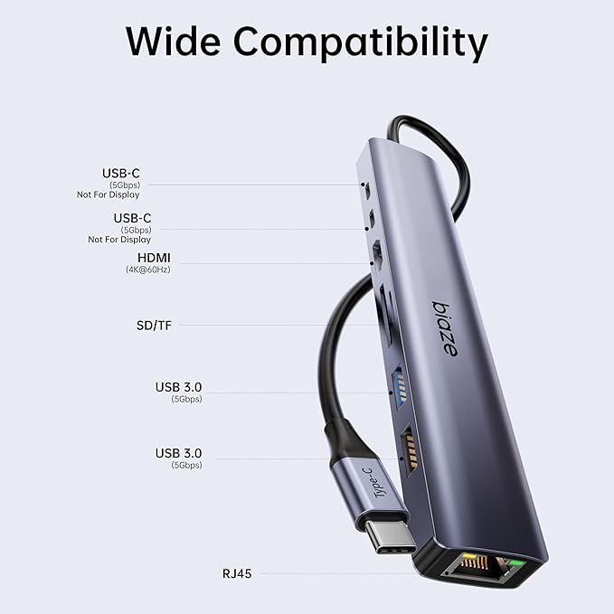 8-in-1 USB-C Hub for MacBook Pro with 4K HDMI Adapter Supporting 100W PD Fast Charging 100Mbps Ethernet 2 USB 3.0 Ports and SD/TF Card Reader. Compatible with MacBook and Type-C laptops.