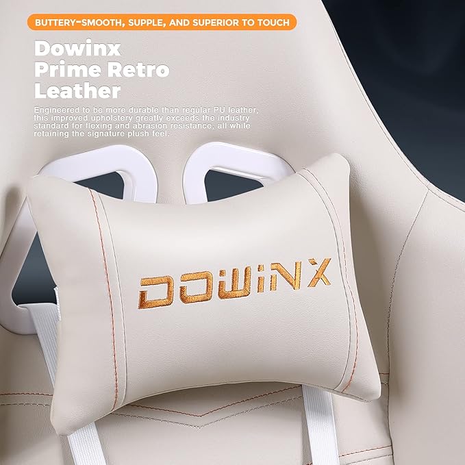 Dowinx Gaming Chair Big and Tall Ergonomic Game Chair for Adults with Footrest and Massage Lumbar Support High Back Computer Gamer Chair PU Leather 350Lbs for Office Home Ivory