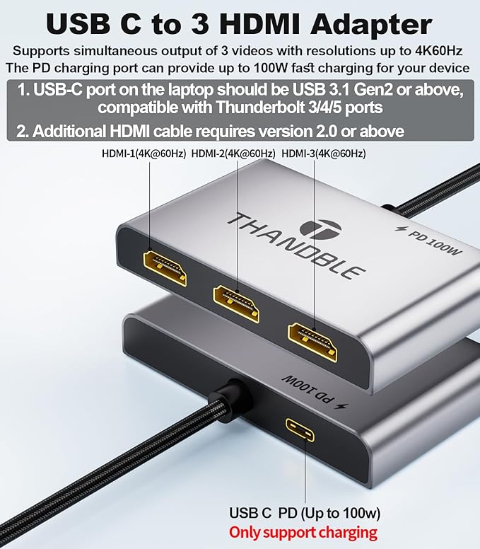 USB C to 3 HDMI Adapter with 100W PD Charging Triple 4K60Hz Monitor Extender for Dell/Surface Pro/HP HDMI Splitter Extended Display Hub Plug &amp Play Laptop Multi-Screen Adapter