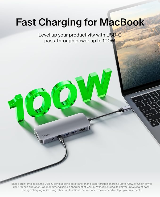 Belkin USB-C Hub 7-in-1 Multiport Adapter - USB Docking Station with 4K HDMI USB-C PD 3.0 Port 2 x USB-A 3.1 Ports SD Card &amp MicroSD Card Slots &amp 3.5mm Audio Jack for MacBook Air iPad P