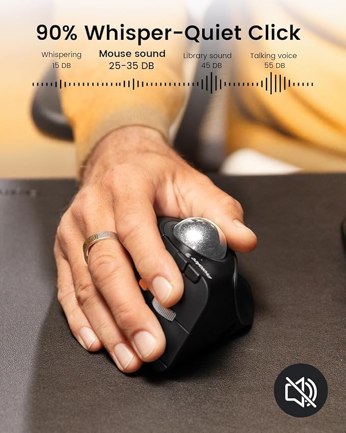 ProtoArc Vertical Wireless Trackball Mouse EM05 NL Bluetooth Ergonomic Rollerball Mouse Rechargeable Computer Laptop Thumb Mice 3 Device Connection Compatible with iPad Mac Windows PC-Silver