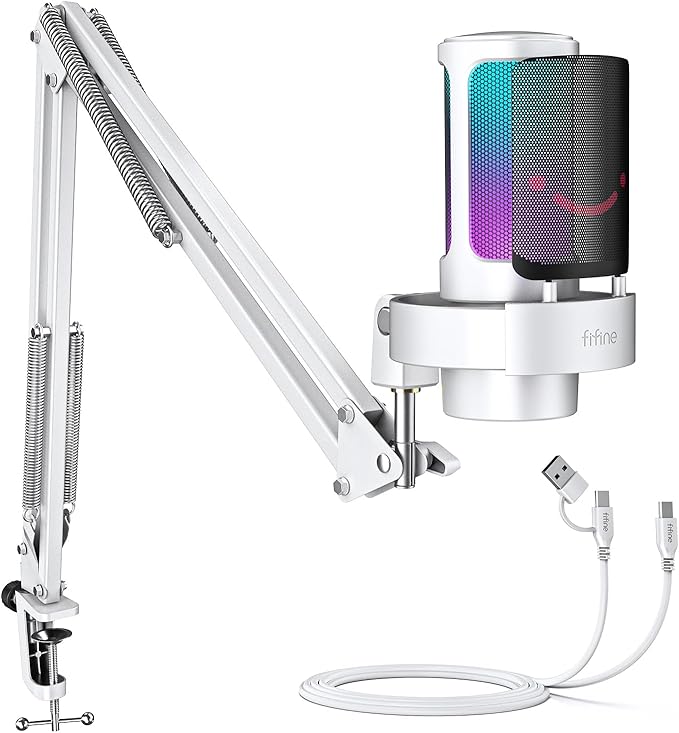 FIFINE Gaming PC USB Microphone Kit Condenser RGB Mic with Metal Boom Arm Mute Gain Knob Headphones Monitoring Streaming Microphone Bundle for PS4/PS5 YouTube Discord Twitch-A8T White