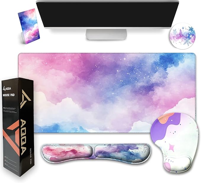 AQQA Colorful Star Large Mouse Pad Set Pink Desk Mat for Desktop Women Girls Purple Waterproof Desk PadMouse Wrist Rest+Coaster Ergonomic Design for Home Office Computer 31.5x15.7Inches