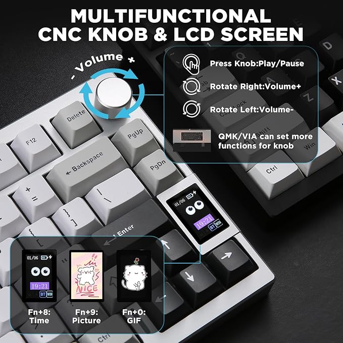 YUNZII AL80 Wireless Mechanical KeyboardFull Aluminum CNC Smart LCD DisplayHot Swappable Gasket Mount 75% Layout with KnobBT/2.4G/USB-CQMK/VIA Support for Win/Mac (Silver Cocoa Cream V2 Switch)