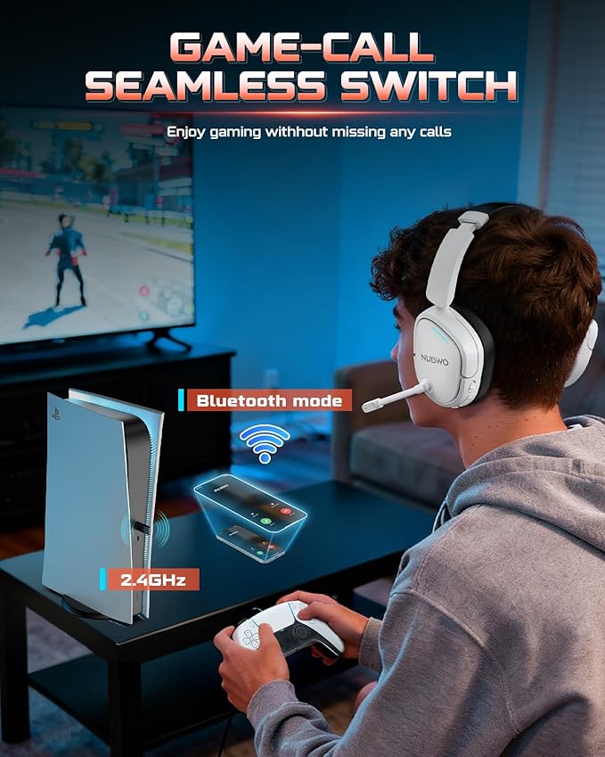 NUBWO Gaming Headset Wireless for PS5 PC PS4 - Dual 2.4G &amp Bluetooth Simultaneous Headphones EQ Sound Modes Noise-Canceling Mic 50-Hour Battery Comfortable Foldable Design 270g Lightweight