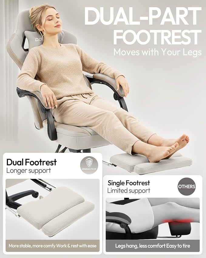 Dowinx Gaming Chair Breathable Fabric Game Chair with Gel Pad and Storage Bag Comfortable Gamer Chair with Pocket Spring Cushion Ergonomic Computer Chair with Footrest Beige and Brown