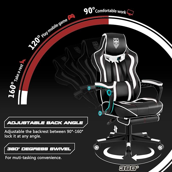 Vonesse Gaming Chair with FootrestReclining Computer Gaming Chair for AdultsBig and Tall Gamer Chair with MassageErgonomic High Back (White/Black)