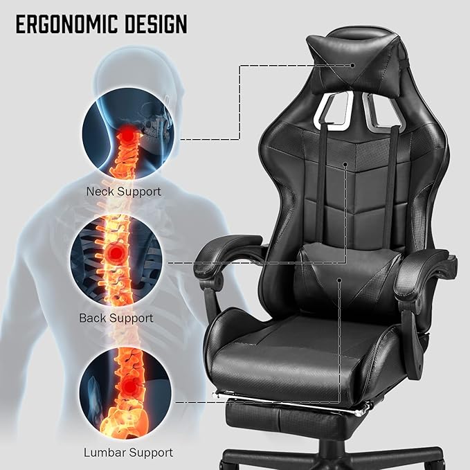 Huracan Gaming Computer Chair with Footrest Adjustable Video Game Chairs for Adults Heavy Duty Office Chair with Headrest and Lumbar Support Black