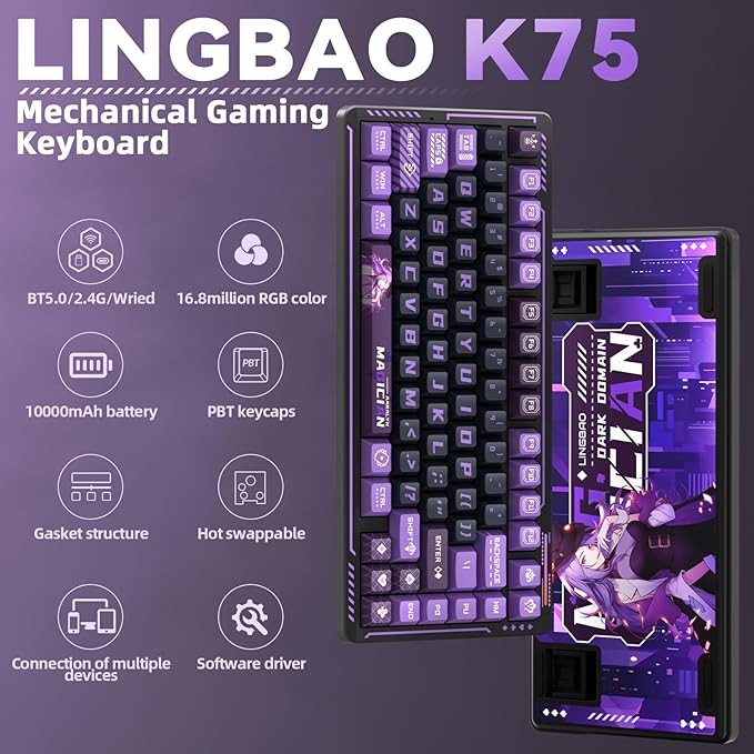 LINGBAO K75 Wireless Mechanical Keyboard 75% Anime Gaming Keyboard with 10000mAh Battery Hot-Swappable Pre-Lubed Switches RGB Backlit PBT Keycaps Creamy Sounding Computer Keyboards for PC/Mac/Win