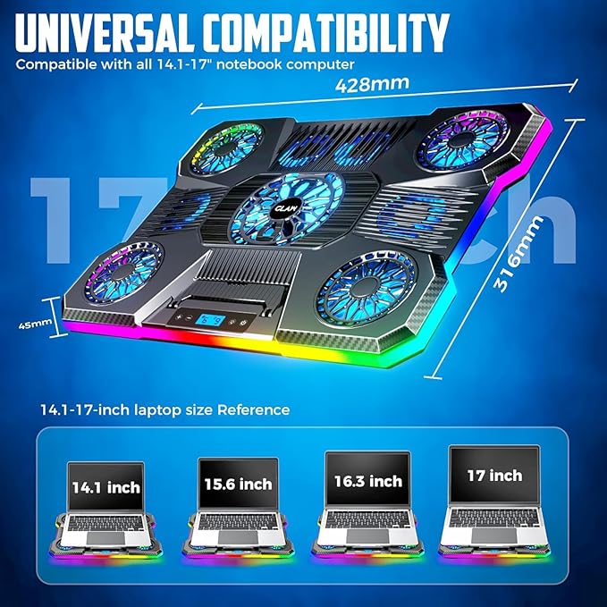 Storm Pro A21 Laptop Cooling Pad with 9 Fans (6×60mm + 4×85mm Up to 2400 RPM) RGB Lighting LCD Display Mobile Stand 9 Height Levels USB &amp Type-C Ports Fits Up to 17-Inch Laptops – Black