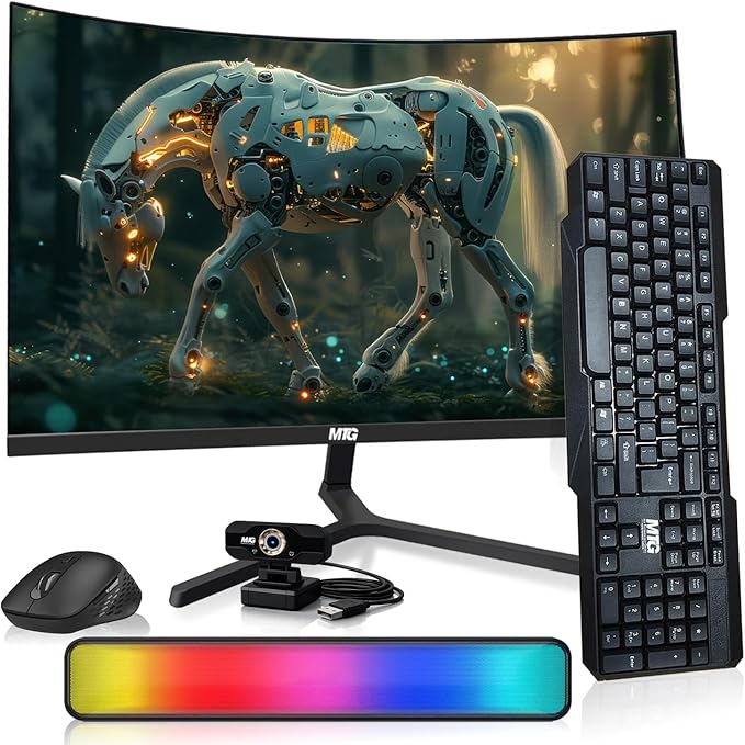 MTG 27 Curved Monitor Full HD 1080P Frameless Screen HDMI DP USB Audio Low Motion Blur VESA Mount Webcam with Wireless Keyboard Mouse &amp Soundbar Computer Monitor for Gaming Home and Office