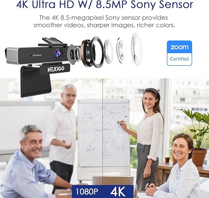 NexiGo Zoom Certified N950P 4K Zoomable Webcam with Remote Control Sony_Starvis Sensor 5X Digital Zoom Pro Web Camera with Dual Stereo Mics for Zoom Skype Teams Twitch