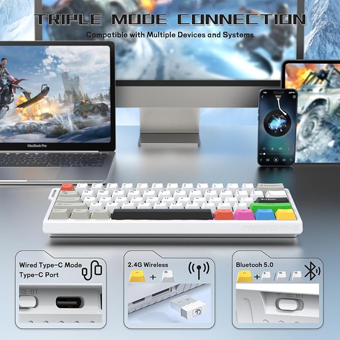 MAMBASNAKE X60 HE 60% Rapid Trigger Wireless Gaming KeyboardHall Effect Magnetic SwitchesAdjustable Actuation0.1ms Ultra-Low Latency 8KHz Polling Rate3-Mode RGB8 Color PBT Keycaps-Star White