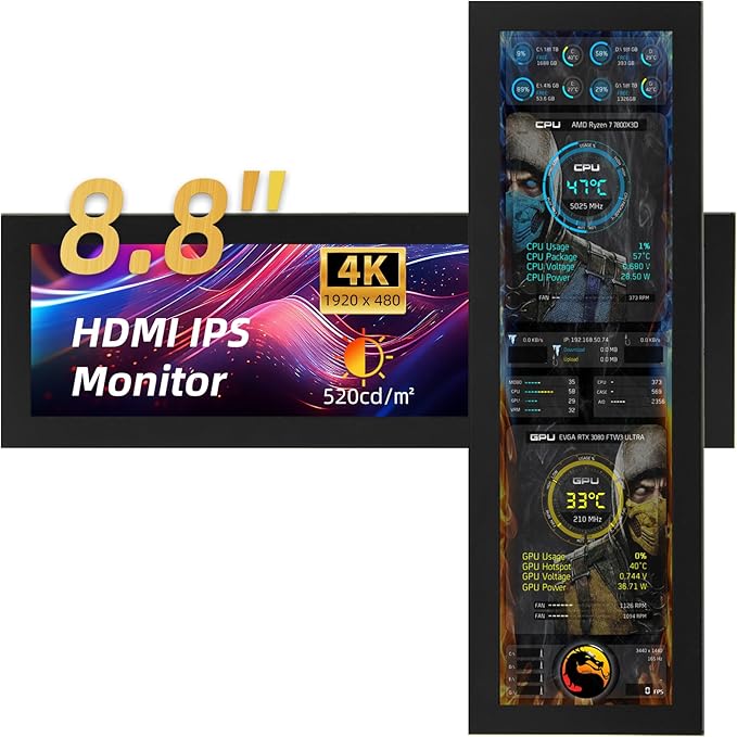 8.8 Inch Mini Monitor 1920x480 Secondary Screen PC Case Screen for Raspberry Pi AIDA64 PC CPU GPU RAM Data Monitor