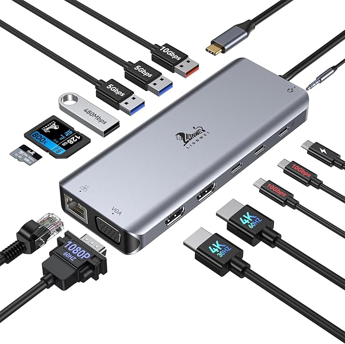 USB C Docking Station Dual Monitor for Laptop LIONWEI 14-in-1 USB-C Hub with Triple Display 2 HDMI + VGA Ethernet 6 USB A/C 3.0/2.0 PD SD/TF Audio USBC Dock for Surface/HP/Dell/Lenovo/MacBook