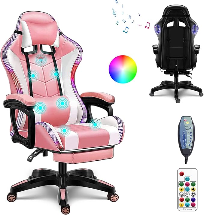 Ergonomic Pro Gaming Chair with Speakers RGB Video Game Chair with Footrest High Back Massage Computer Chair with Lumbar Support and Headrest Adjustable Height Gamer Chair for Adult TeensPink