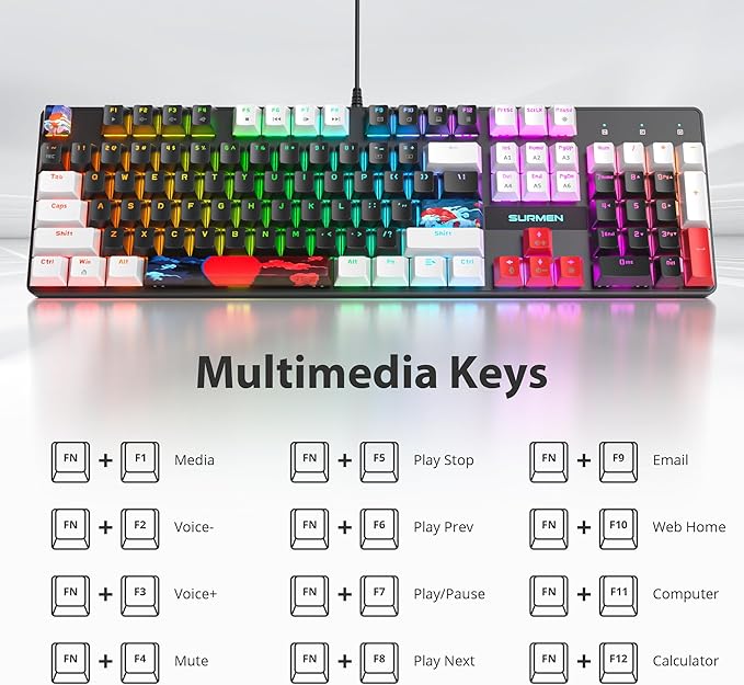 RGB Gaming Keyboard 104-Key Wired Mechanical Keyboard Creamy with Number Pad Linear Red Switch NKRO Full Size for Windows Laptop PC Gamer