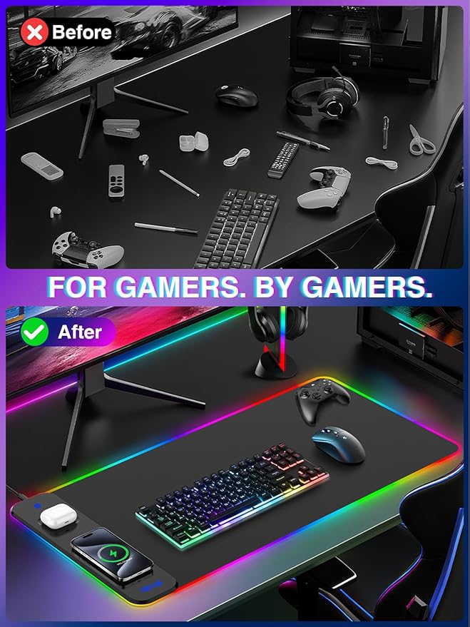 Magnetic Charging Mouse Pad 31.5x15.75 15W Fast Wireless Charging Desk Mat XXL Desk Pad RGB Gaming Mousepad Home Office Large Keyboard Pad with Ultra-Smooth Surface Non-Slip Base