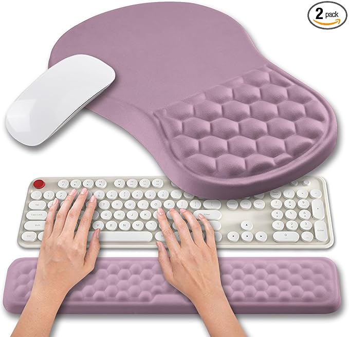 Hokafenle 2 in 1 Ergonomic Mouse Pad Wrist Support &amp Wrist Rest for Computer Keyboard Set with Relieve Carpal Tunnel Pain Massage Bulge and Full Memory Gel Design (2In1 Set Purple)