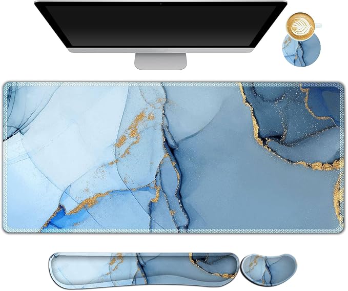 AIMSA Large Gaming Mouse Pad Set Keyboard Wrist Rest Support Mouse Pad Ergonomic Memory Foam Multifunctional Extended Desk Mat 35x15.7in Anti-Slip Rubber Base for Office Home Blue Marble