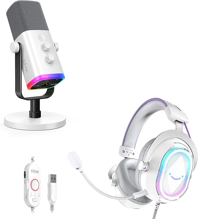 FIFINE XLR/USB Dynamic Microphone with Over-Ear Headset Bundle Gaming Mic and Headset Set with RGB Volume Control 7.1 Surround Sound Game Chat Balance Compatible with PS4/PS5/PC-AM8W+H13WP