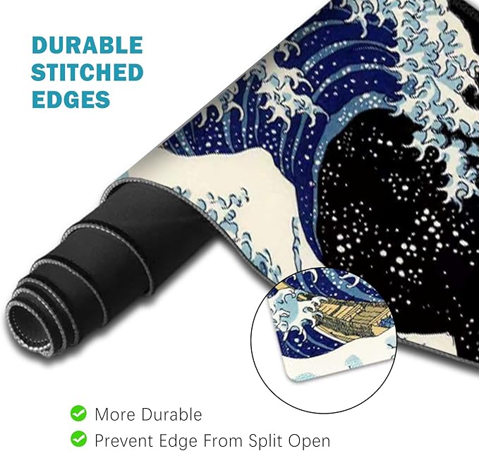 ToLuLu Extended Gaming Mouse Pad Memory Foam Ergonomic Keyboard Mouse Wrist Rest Support Set Large Desk Mat with Stitched Edges Non-Slip Base Mousepad for Home Office Game Study Wave of Kanagawa