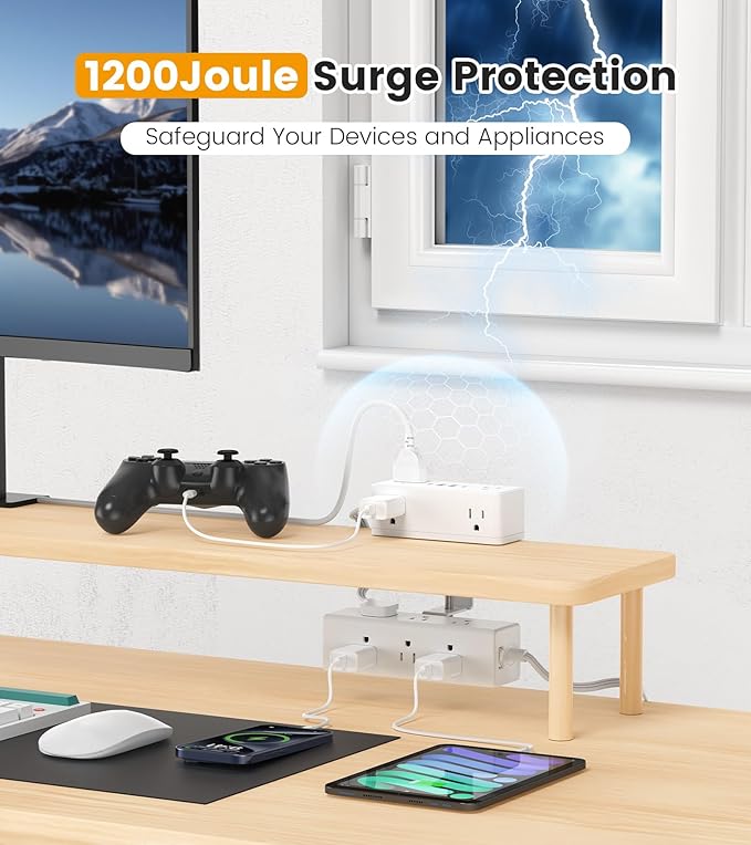 Dual Layer Desk Clamp Power Strip Desktop Edge Mount Surge Protector with 15 AC Outlets &amp 4 USB Ports(20W USB-C) Ultra Thin Flat Plug &amp 10FT Power Cord for Office Home(ETL Listed)