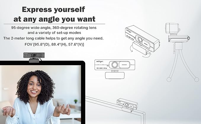 1080P/60fps Webcam C6206 Full HD Streaming Low-Light Correction Wide-Angle Lens Webcam with Dual Omni-Directional Microphone Privacy Cover and Tripod Compatible with Teams Skype and Zoom