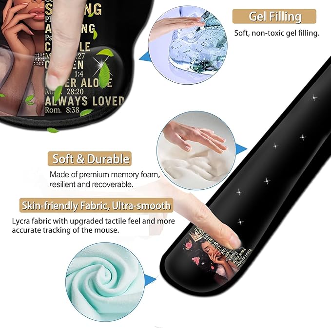 Ergonomic Gaming Mouse Pad Wrist Support and Memory Foam Keyboard Wrist Rest with Anti-Slip Base for Home Office Computer Desk Pad Gel Black Mouse Pad Easy Typing African American Women Black Girl