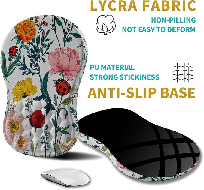 Hokafenle Ergonomic Mouse Pad Wrist Support Wrist Rest Mousepad for Carpal Tunnel Pain Relief with Integrated Memory Foam Slope Massage Bulge (11.8x7.9 inchFlowers and Ladybugs