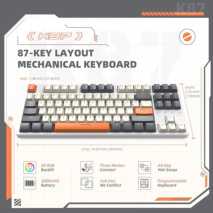ZIYOU LANG K87 TKL Hot Swappable Wireless Mechanical Gaming Keyboard with Custom Coiled USB C Cable Triple Mode 2.4Ghz/Bluetooth 5.0/Wired Red Switches 20 RGB Backlit 3000mAh Battery for PC Laptop