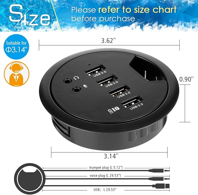 WDX Desk-Fit (Diameter 3.14 or 80MM) 4 Port USB 3.0 Hub with 3.5mm Audio Mic Phone Jack/BC 1.2 USB Charger 5V/2A Power Adapter for iPhone/Smart Phones(usb3.0 4 Port)(AC Power Supply Included)