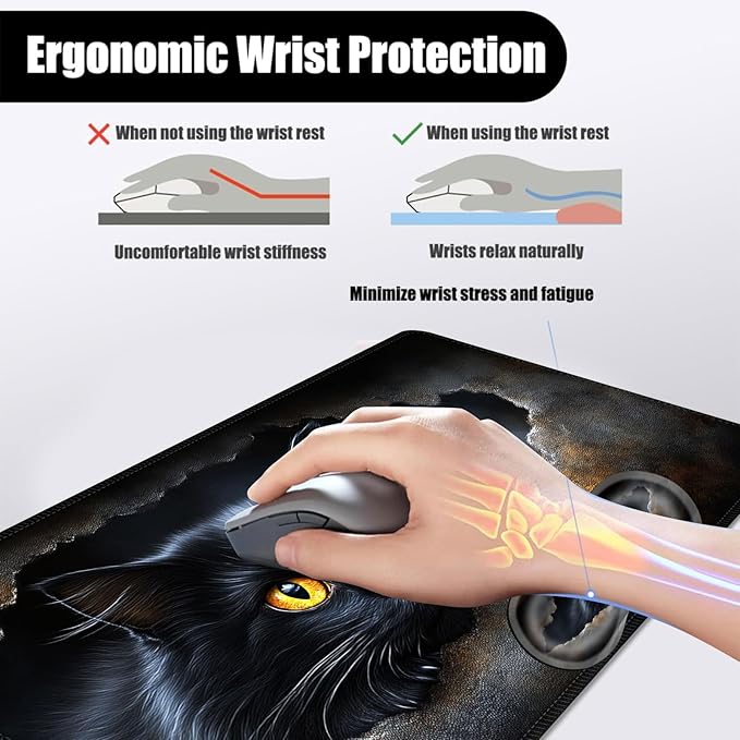 Mouse PadLarge Desk Mat Set 4in1 XL Mousepad + Keyboard Wrist Rest+Mouse Wrist Rest+Coaster with Ergonomic Desk Pad for Home Office Table Computer Cover -Black Cat with Yellow Eyes