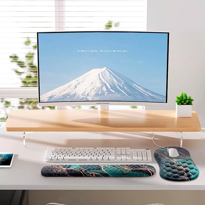 Mouse Pad Wrist Support Laokiiy 2 in1 Keyboard Wrist Rest+ Ergonomic Mouse Pad Non-Slip Wrist Rest for Computer Keyboard Made Easy Typing &amp Relieve Wrist Pain（Green Gold Black Marble）