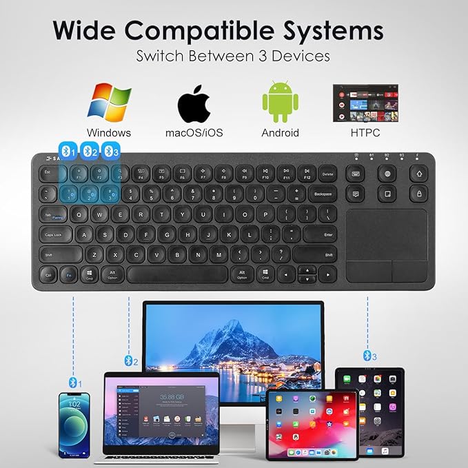 SANWA Multi Device Bluetooth Keyboard with Touchpad Rechargeable Keypad with Trackpad for Laptop Desktop Computer PC iPad/iPhone Tablet Compatible with MacBook Windows Android iOS Black