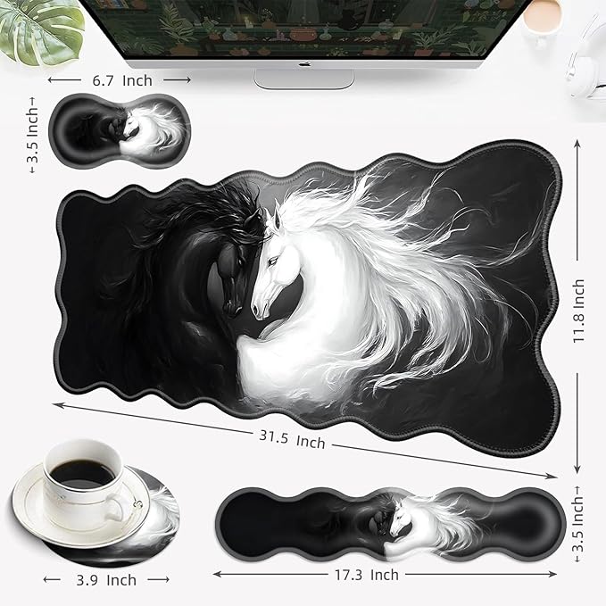 Desk Mat Mouse Pad with Wrist Rest 4-in-1 Large Mouse Pads for Desk Ergonomic Mouse Pad and Keyboard Wrist Rest Gaming Keyboard Mat for OfficeWhite and Black Horse